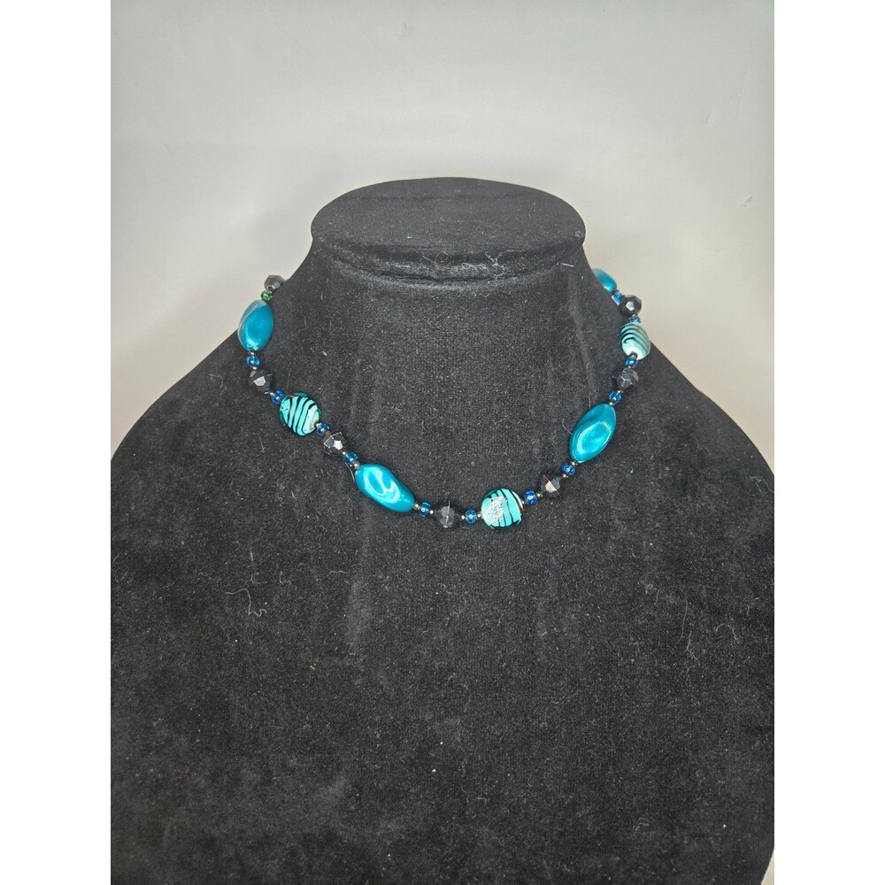 Blue and Black Beaded Necklace with Silver Tone Toggle Clasp
